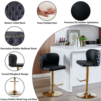 Jalan Adjustable Swivel Bar Stools – Black PU Leather, 64 - 84cm - OZ Home Deals