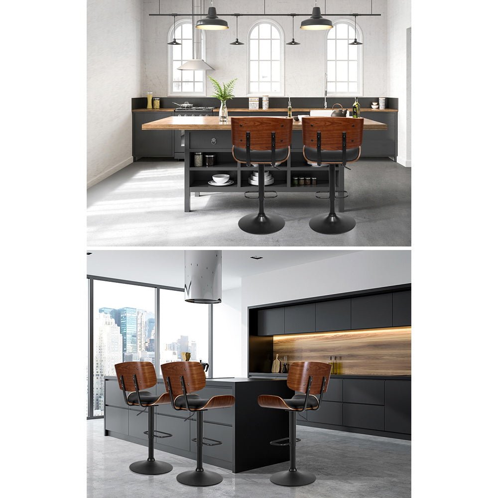 Kangaroo Adjustable Bar Stools – Black PU Leather & Wooden Seat, 64-85cm - OZ Home Deals