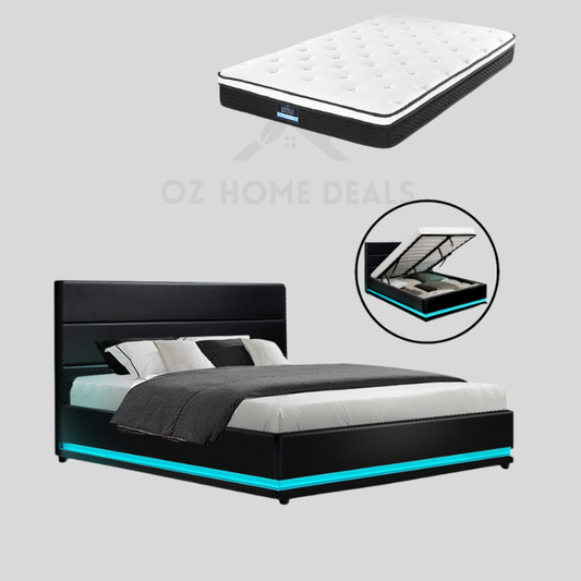 King Single Package – Luna LED Gas-Lift Bed Frame + Euro Top Bonnell Mattress
