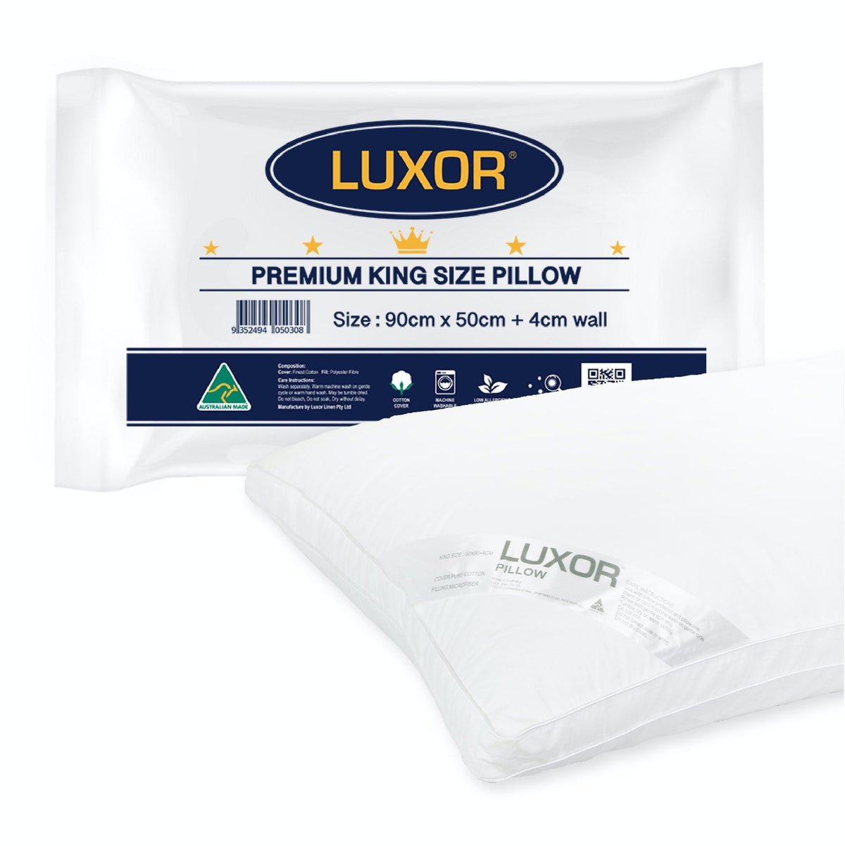 Luxor Australian Made Hotel King Size Pillow with 4cm Wall Single Pack - OZ Home Deals