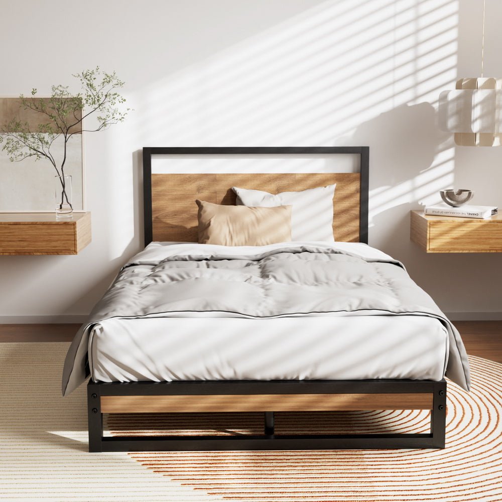 Outback Dane Industrial King Single Bed Frame – Black Steel & Dark Wood - OZ Home Deals