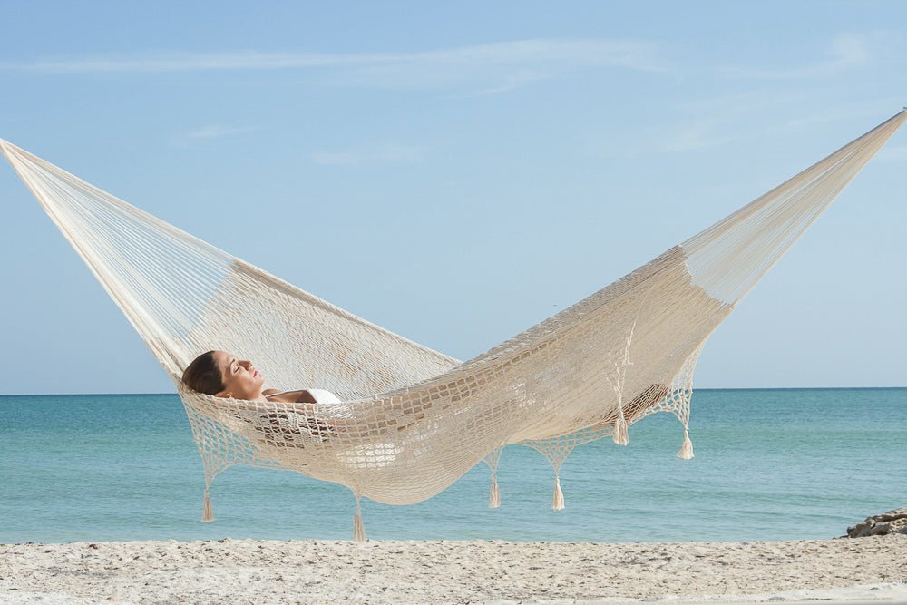 Outdoor undercover cotton Mayan Legacy hammock with hand crocheted tassels Queen Size Marble Colour - OZ Home Deals