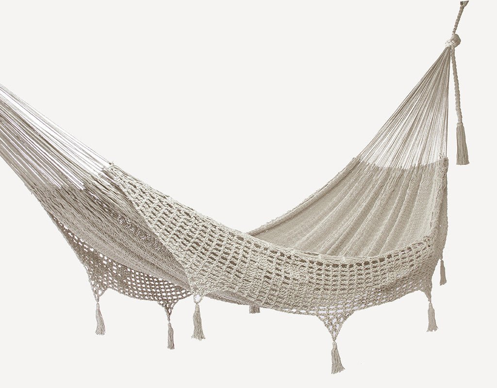 Outdoor undercover cotton Mayan Legacy hammock with hand crocheted tassels Queen Size Marble Colour - OZ Home Deals