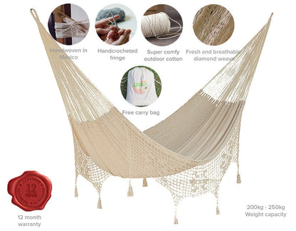 Outdoor undercover cotton Mayan Legacy hammock with hand crocheted tassels Queen Size Marble Colour - OZ Home Deals