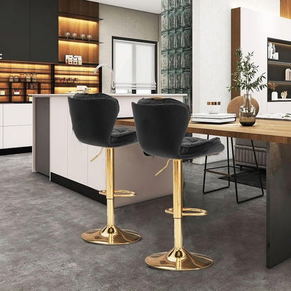 Patan Velvet Bar Stools – Adjustable Height & 360° Swivel, Black/Gold - OZ Home Deals