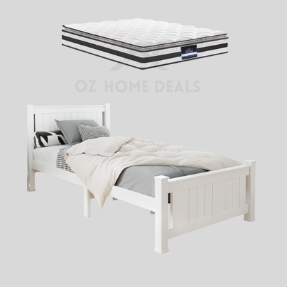 Single Package – River Wooden Bed Frame (White) + Coastline Pillow Top Mattress