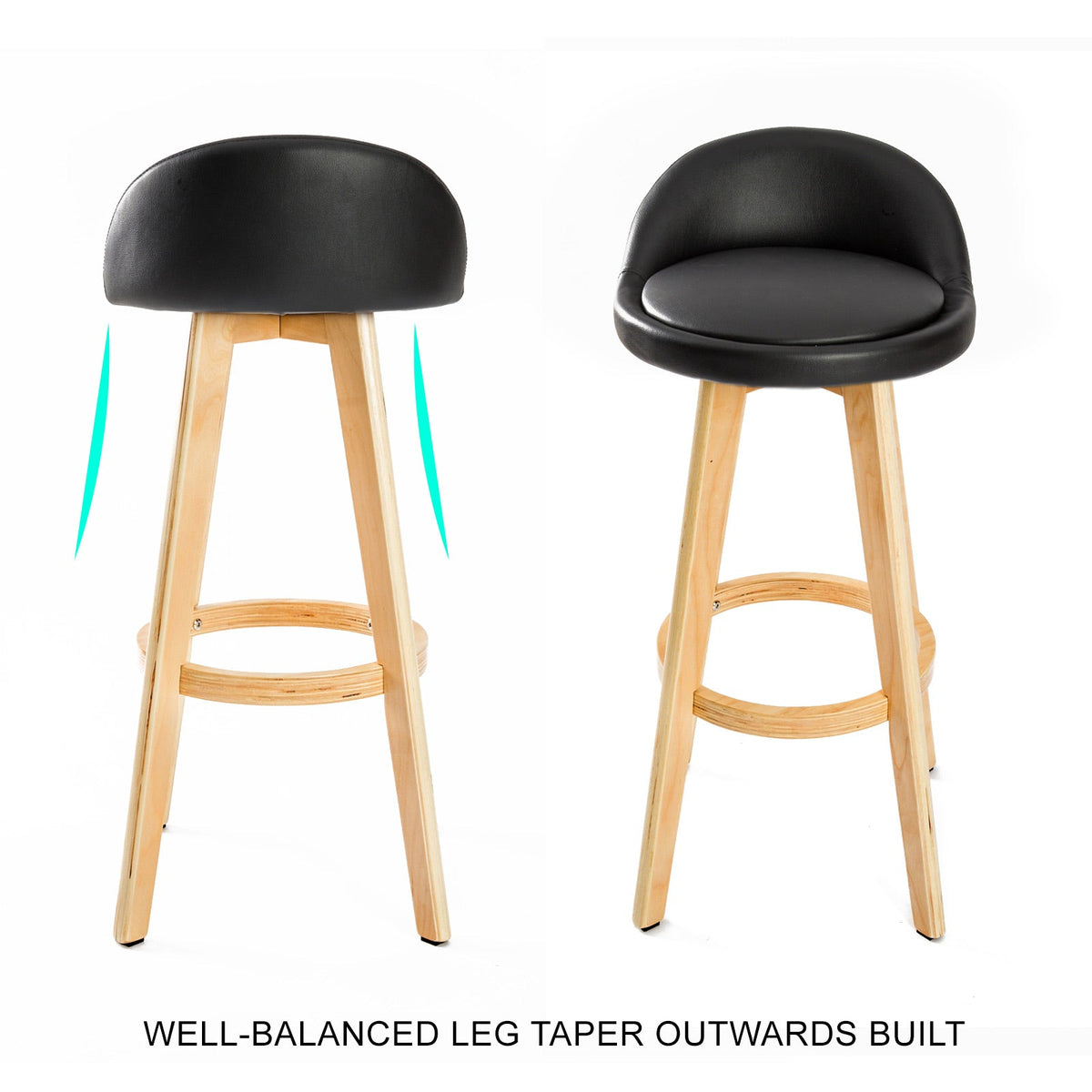 Sunset 2-Piece Wooden Bar Stools – Black PVC Leather, 72cm - OZ Home Deals