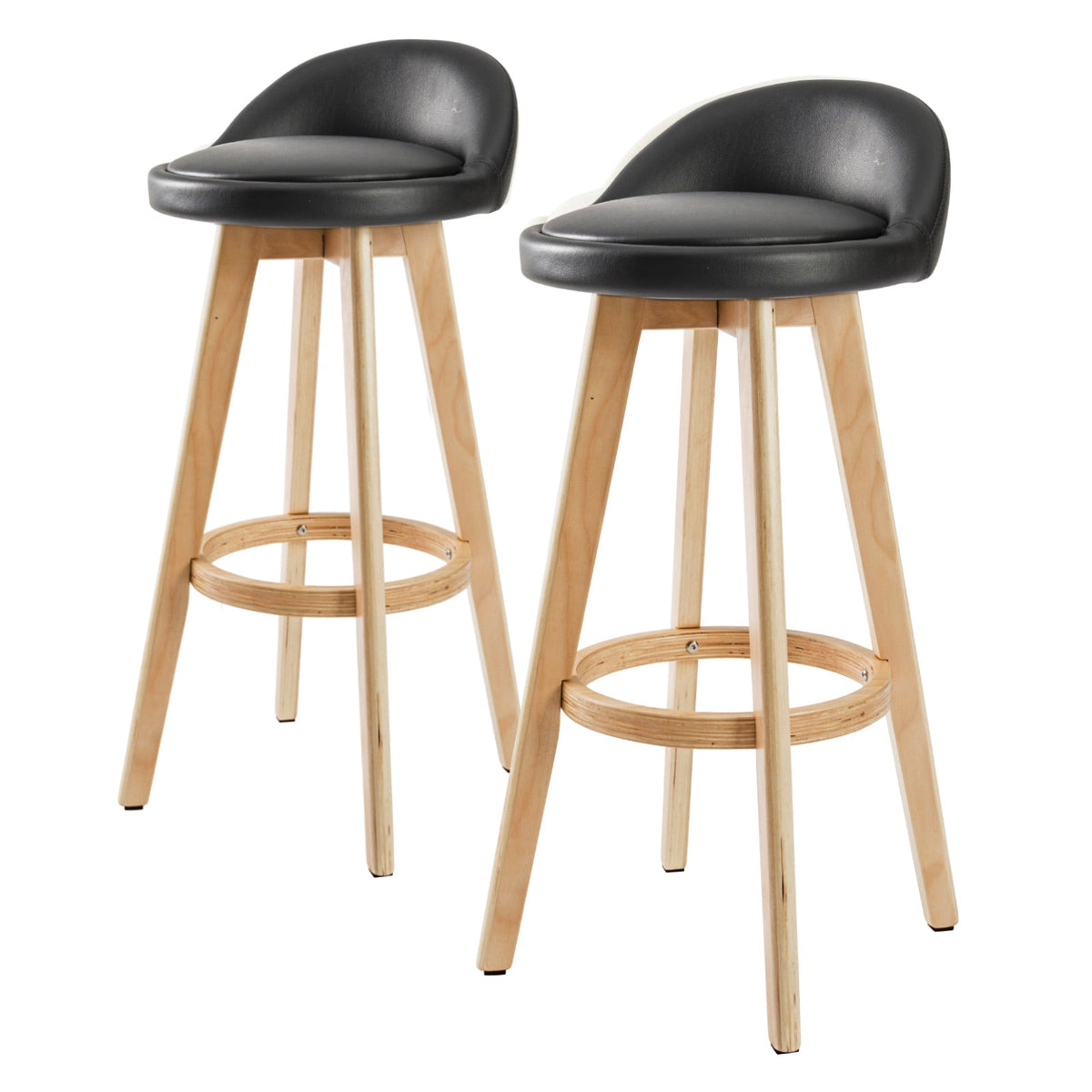 Sunset 2-Piece Wooden Bar Stools – Black PVC Leather, 72cm - OZ Home Deals
