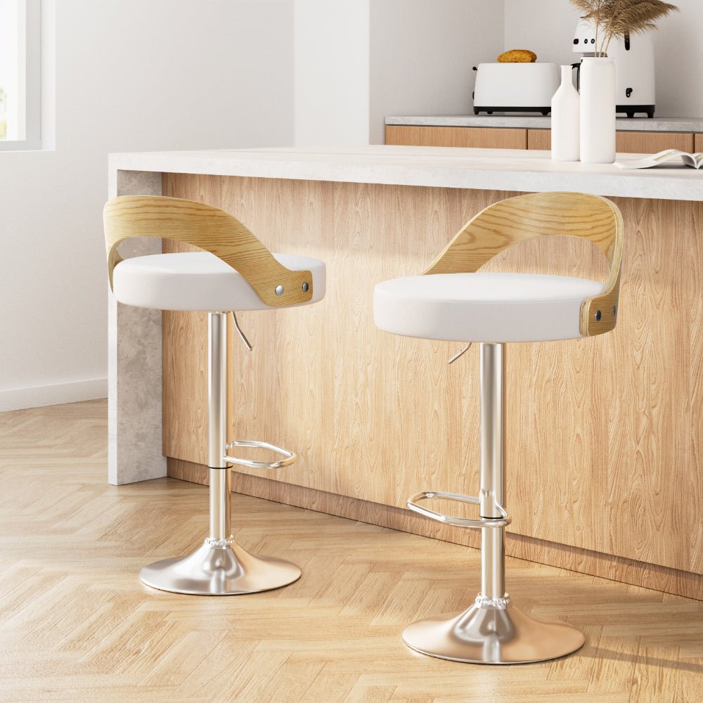 Uluru Adjustable PU Leather Bar Stools – White Bentwood, 2 Pack - OZ Home Deals