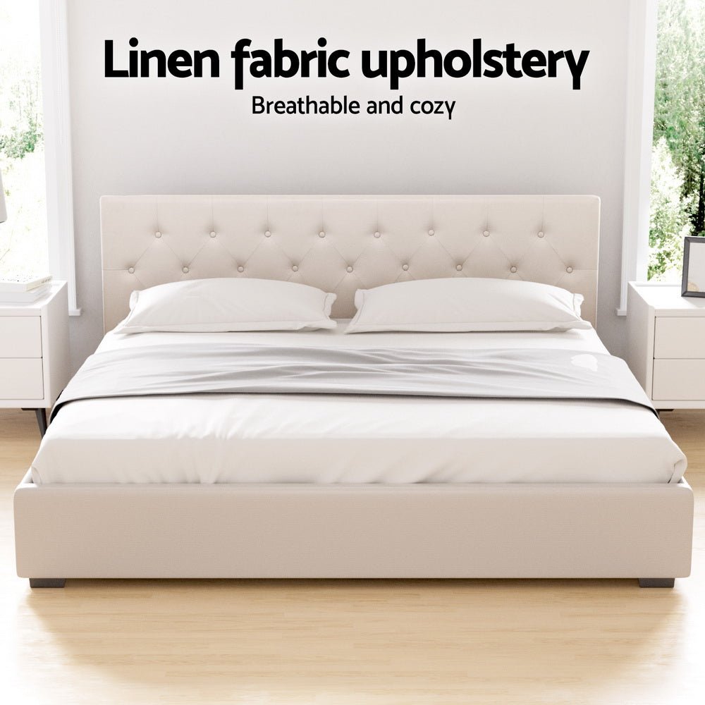 Valley King Gas Lift Bed Frame – Beige Linen - OZ Home Deals