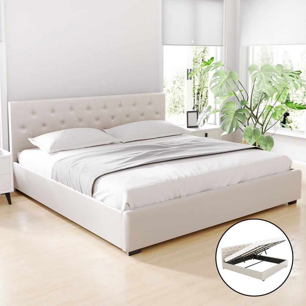 Valley King Gas Lift Bed Frame – Beige Linen - OZ Home Deals