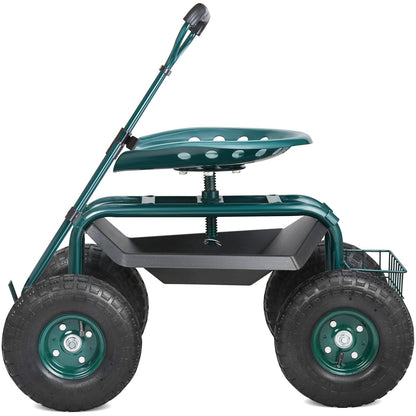 Green rolling garden seat with swivel stool, steering handle and tool tray