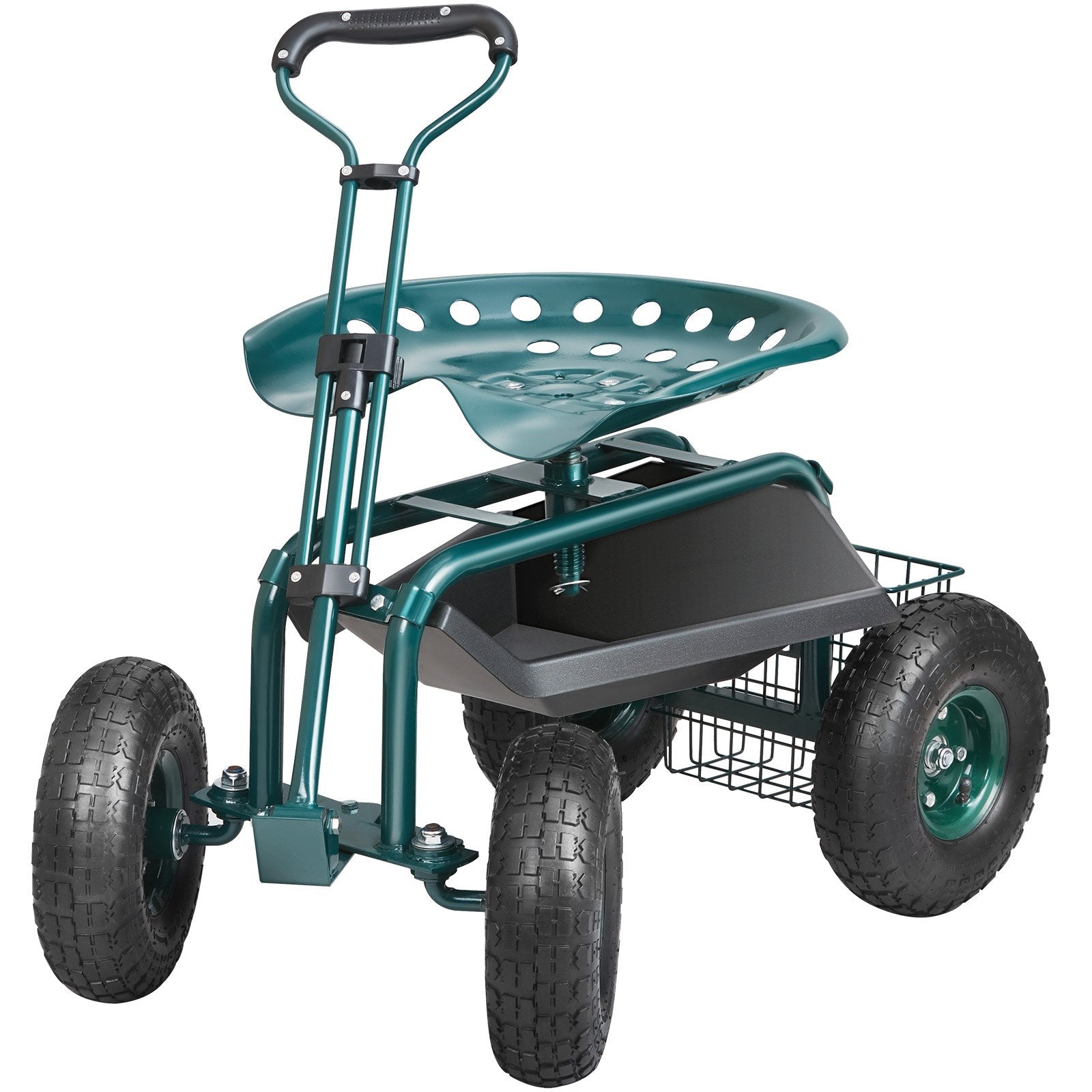 Green rolling garden seat with swivel stool, steering handle and tool tray