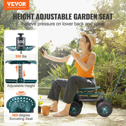 Green rolling garden seat with swivel stool, steering handle and tool tray
