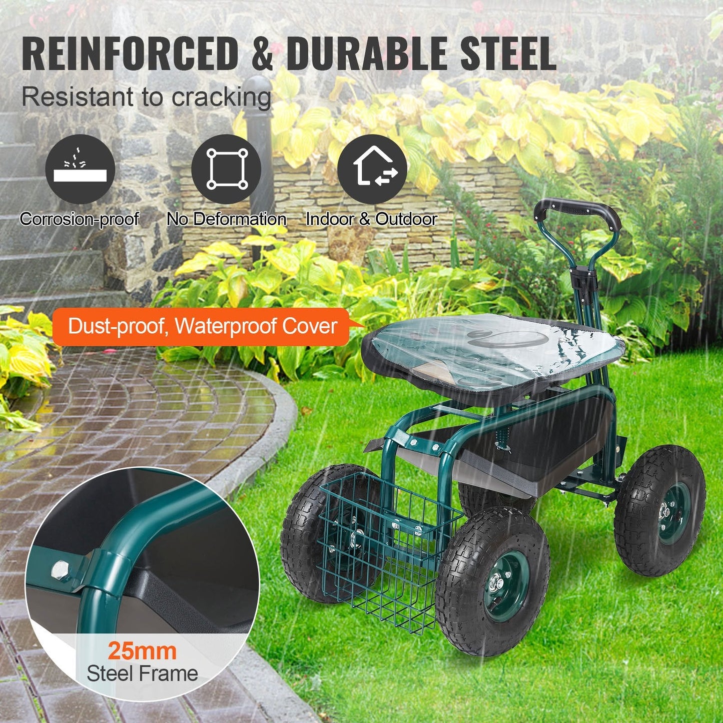 Green rolling garden seat with swivel stool, steering handle and tool tray