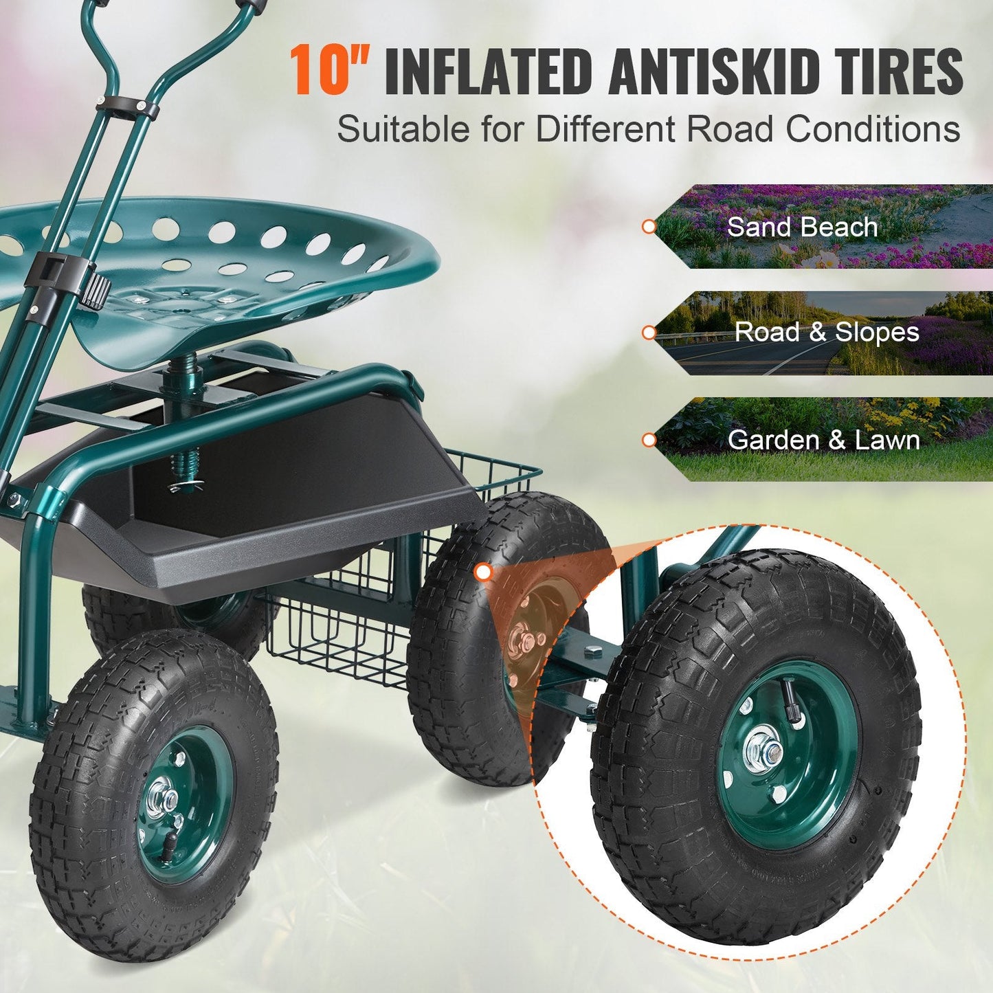 Green rolling garden seat with swivel stool, steering handle and tool tray