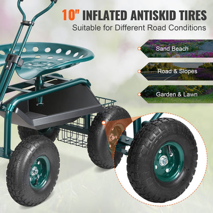 Green rolling garden seat with swivel stool, steering handle and tool tray