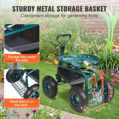 Green rolling garden seat with swivel stool, steering handle and tool tray
