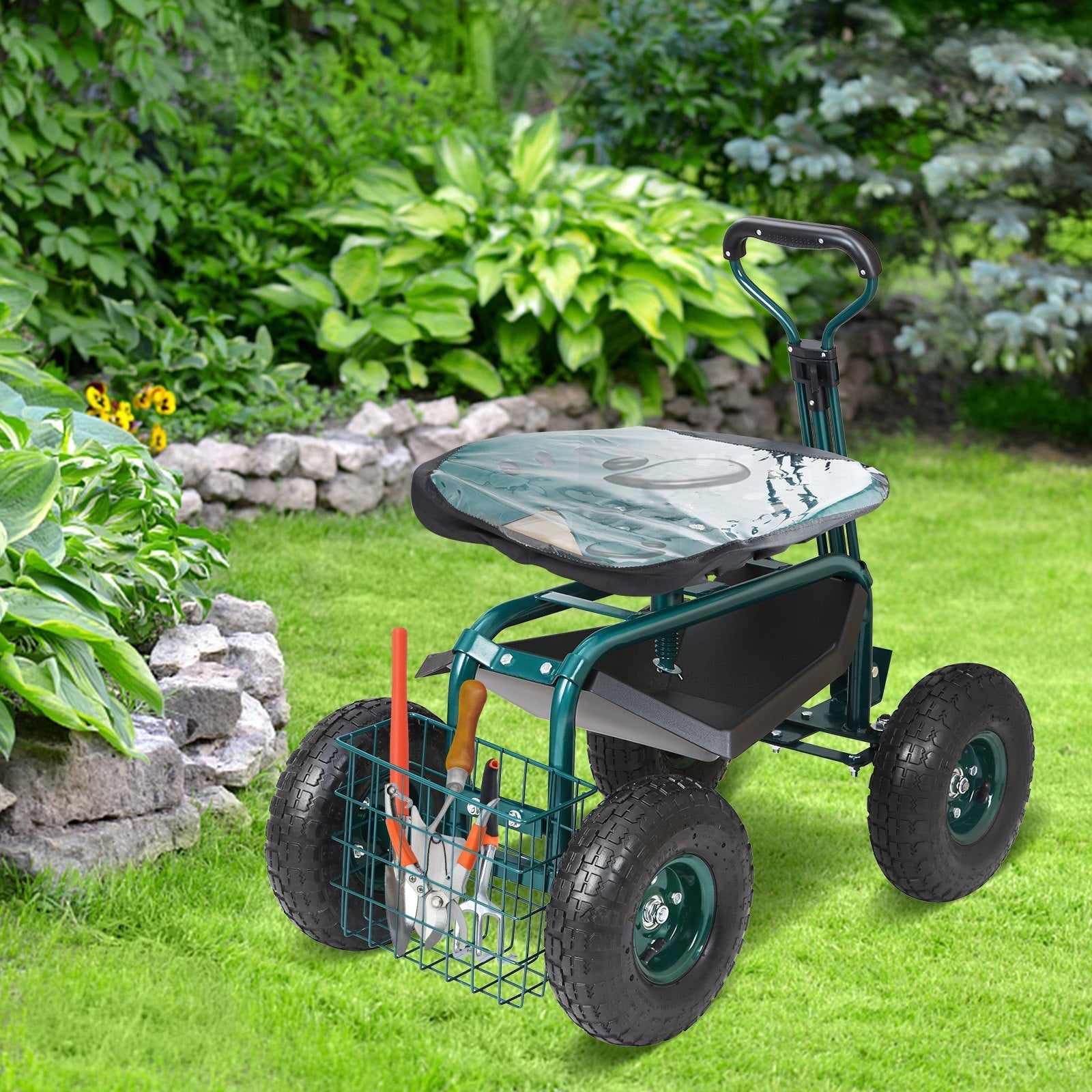 Green rolling garden seat with swivel stool, steering handle and tool tray