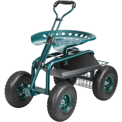 Green rolling garden seat with swivel stool, steering handle and tool tray