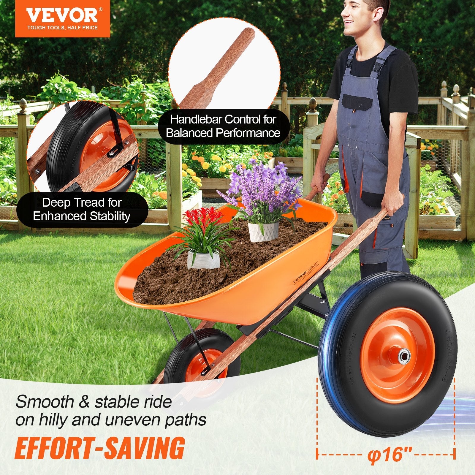 Single wheel garden wheelbarrow cart with large tray and wooden handles