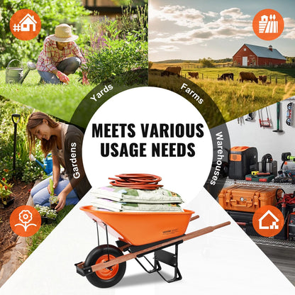 Single wheel garden wheelbarrow cart with large tray and wooden handles