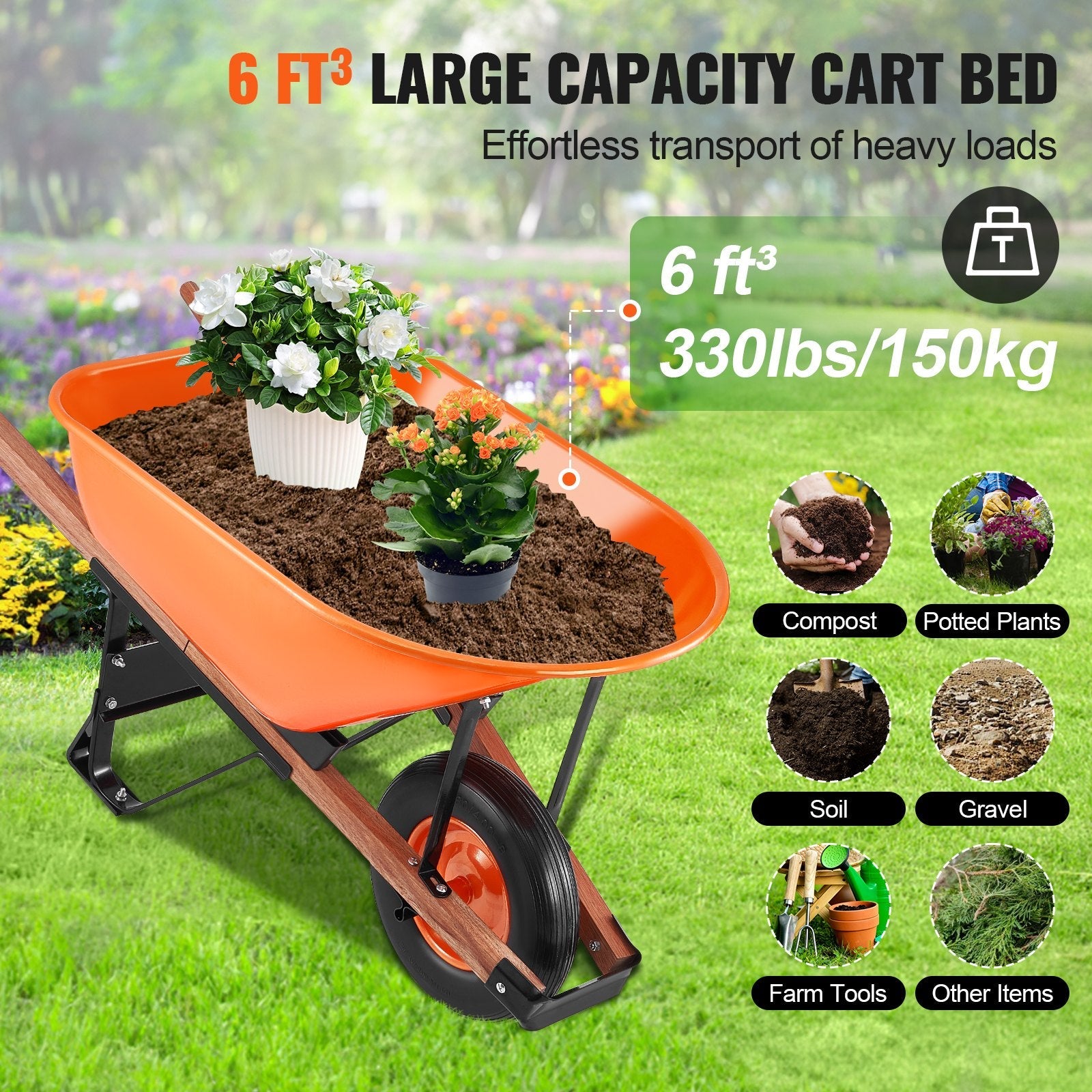 Single wheel garden wheelbarrow cart with large tray and wooden handles