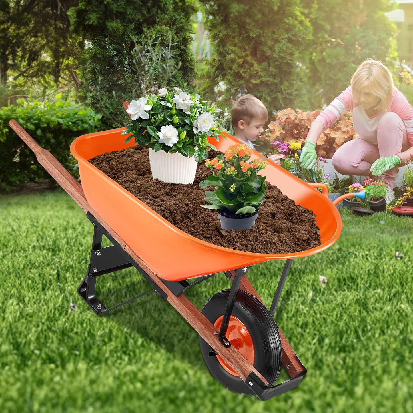Single wheel garden wheelbarrow cart with large tray and wooden handles