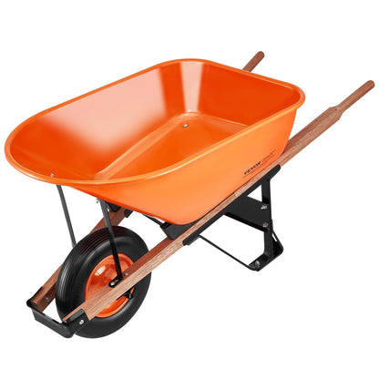 Single wheel garden wheelbarrow cart with large tray and wooden handles
