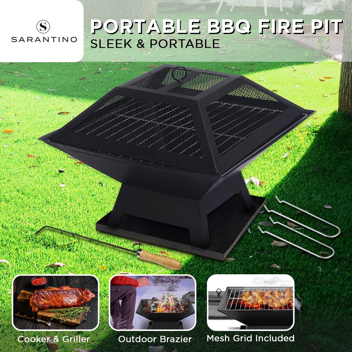 Portable outdoor fire pit with BBQ grill, mesh cover and ash tray