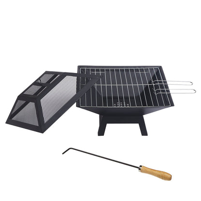 Portable outdoor fire pit with BBQ grill, mesh cover and ash tray