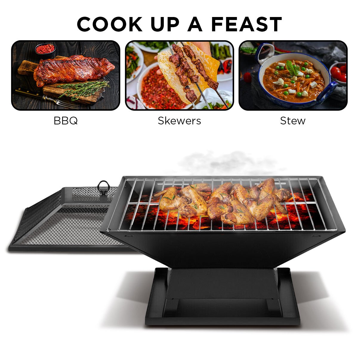 Portable outdoor fire pit with BBQ grill, mesh cover and ash tray