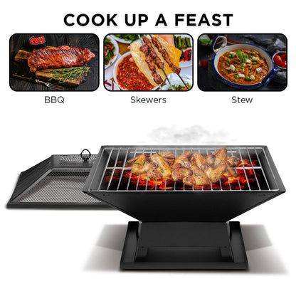 Portable outdoor fire pit with BBQ grill, mesh cover and ash tray