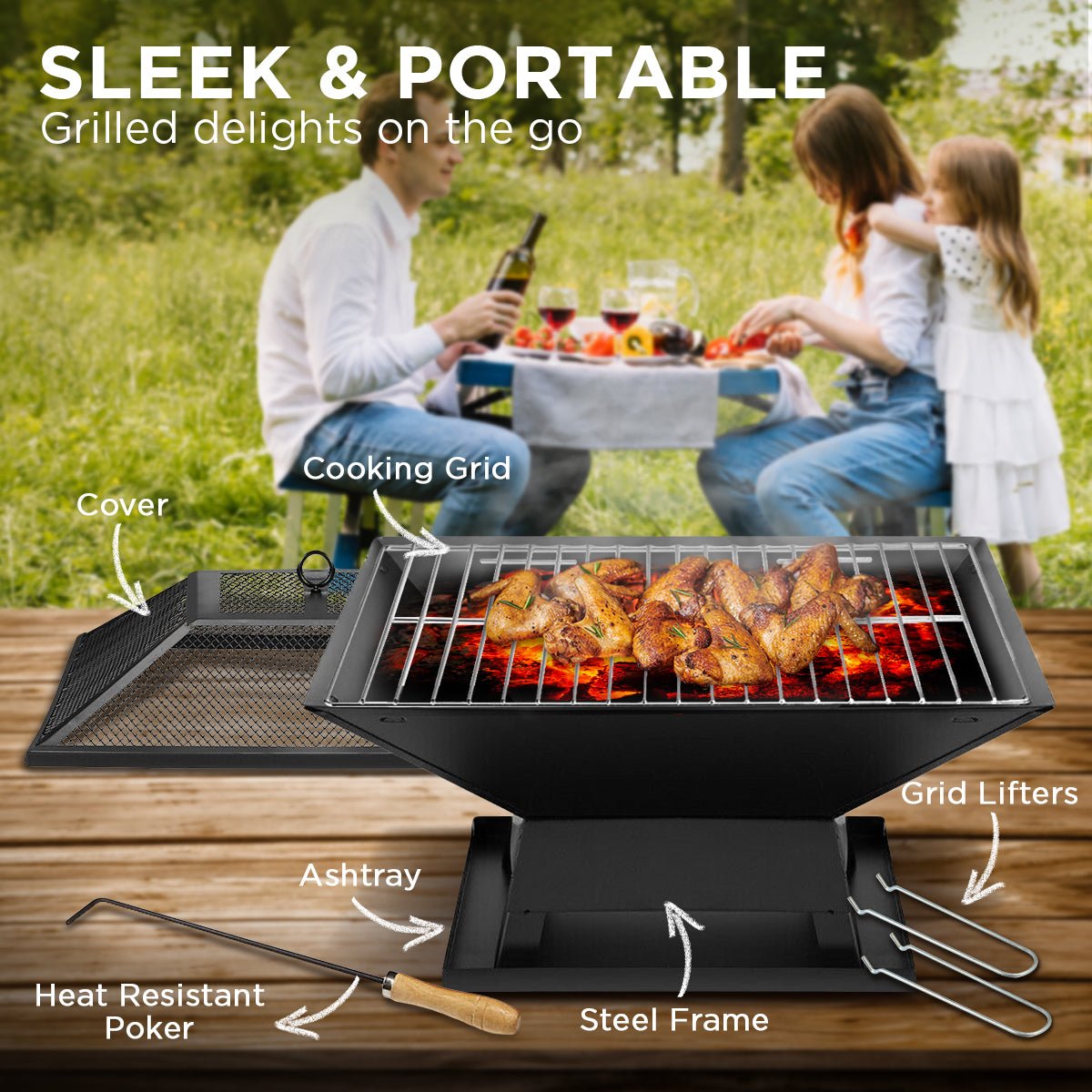 Portable outdoor fire pit with BBQ grill, mesh cover and ash tray