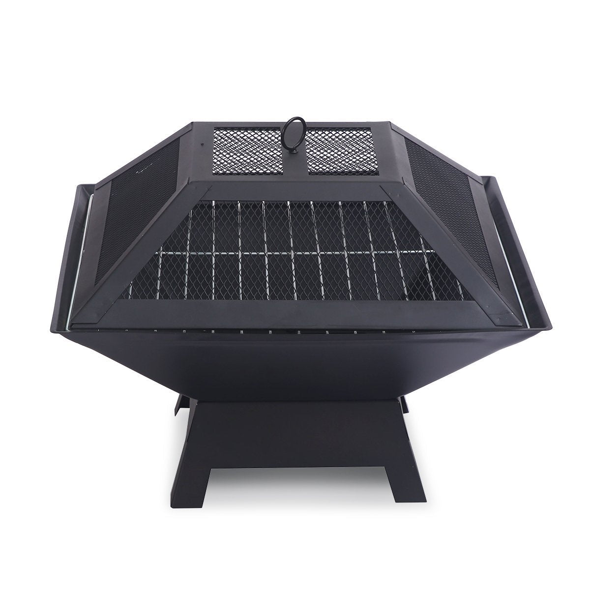 Portable outdoor fire pit with BBQ grill, mesh cover and ash tray