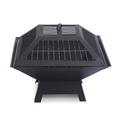 Portable outdoor fire pit with BBQ grill, mesh cover and ash tray