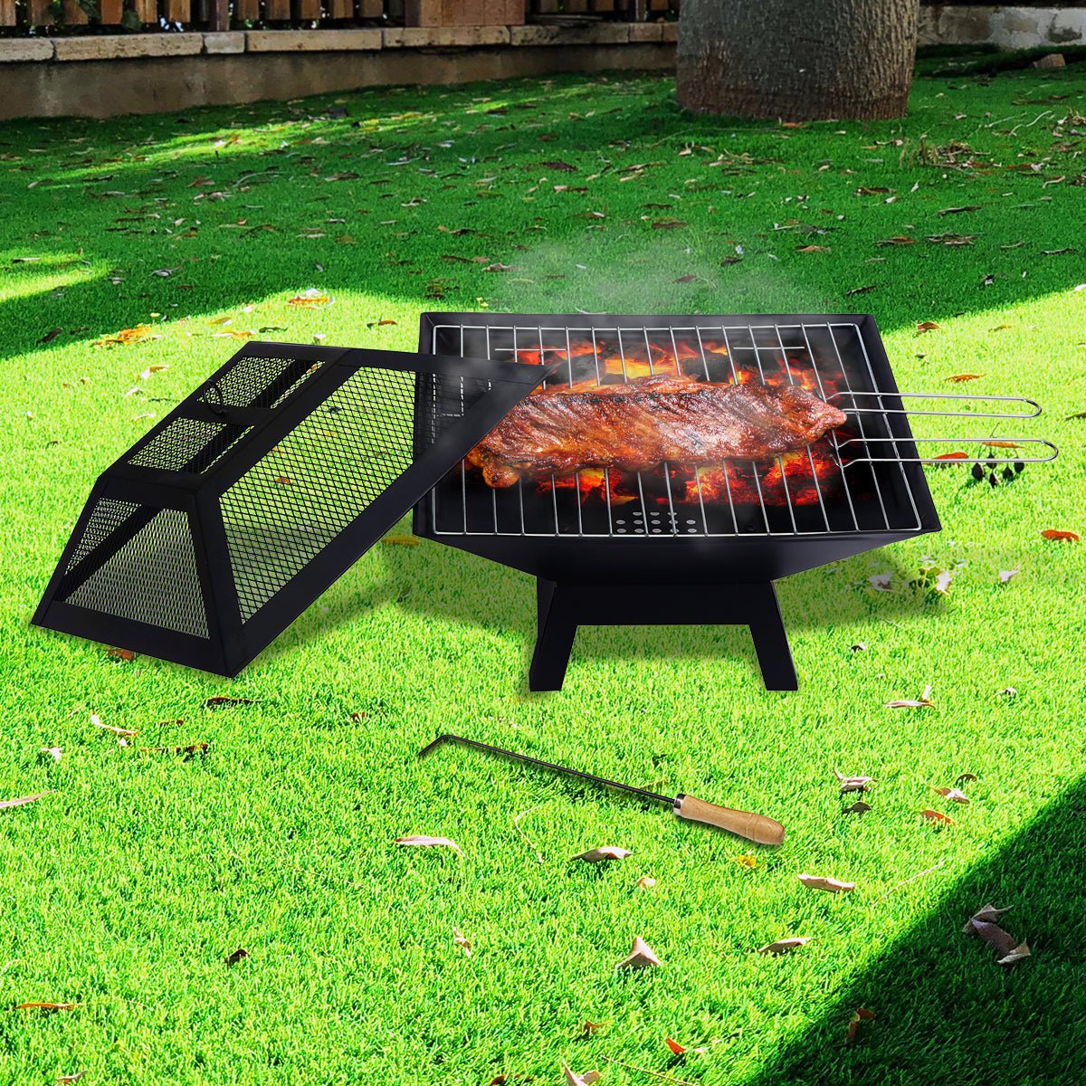Portable outdoor fire pit with BBQ grill, mesh cover and ash tray