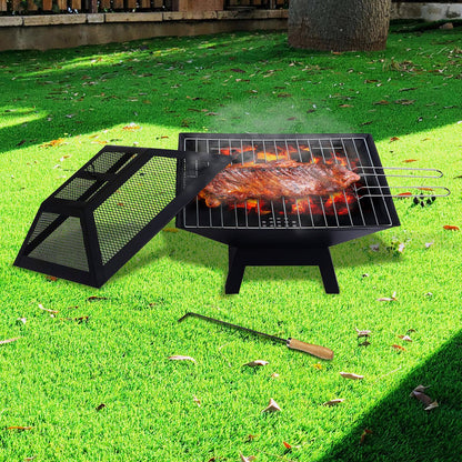 Portable outdoor fire pit with BBQ grill, mesh cover and ash tray