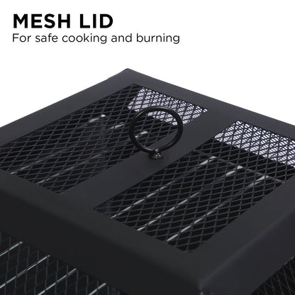 Portable outdoor fire pit with BBQ grill, mesh cover and ash tray